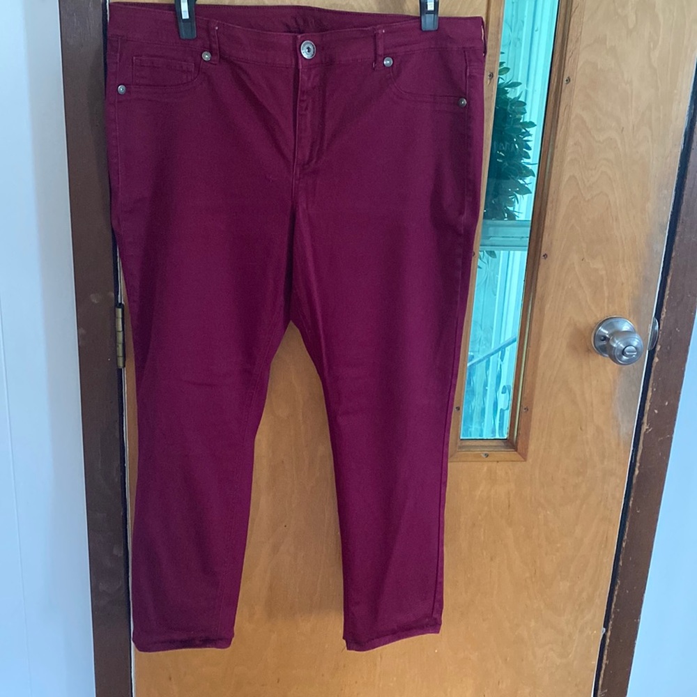 Maurice’s brand jeggings, burgundy color, worn once, had shortened 1.5 inches